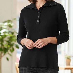Talbots Black Ribbed Half Button Up Long Sleeve Sweater